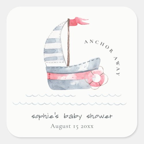 Cute Nautical Pastel Red Blue Sailboat Baby Shower Square Sticker