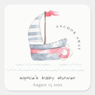 Cute Nautical Pastel Red Blue Sailboat Baby Shower Square Sticker