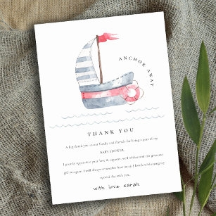 Cute Nautical Pastel Red Blue Sailboat Baby Shower Thank You Card