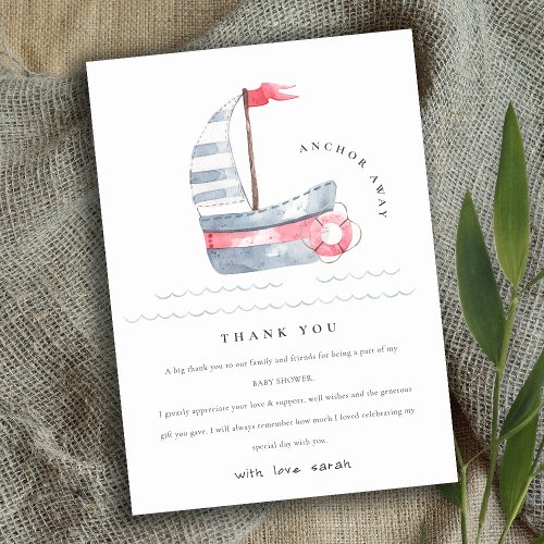Cute Nautical Pastel Red Blue Sailboat Baby Shower Thank You Card