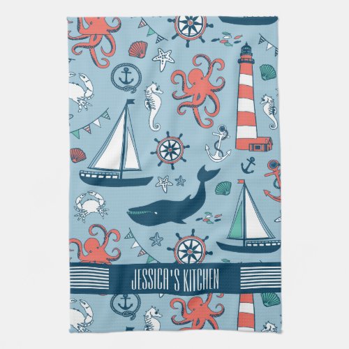 Cute Nautical Pattern Baby Blue Background Kitchen Towel