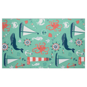 Cute Nautical Pattern Mint Green Background Fabric