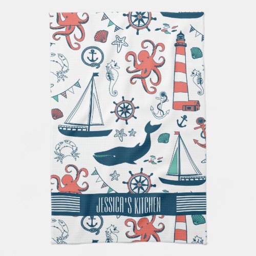 Cute Nautical Pattern White Background Kitchen Towel