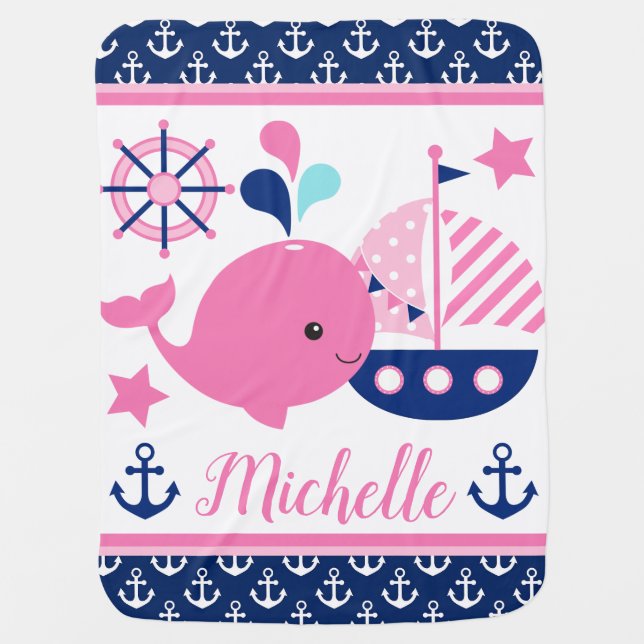 Cute Nautical Pink Whale and Anchors Pattern Baby Blanket (Front)