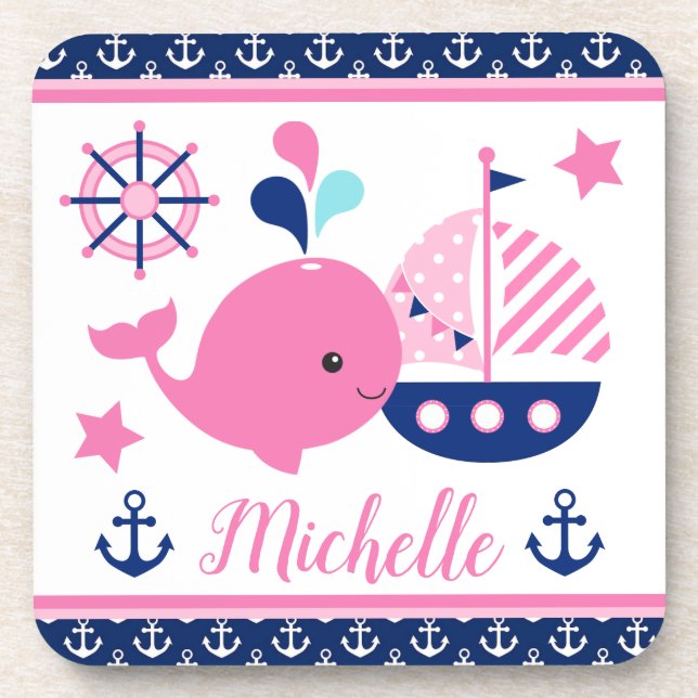 Cute Nautical Pink Whale and Anchors Pattern Beverage Coaster (Front)