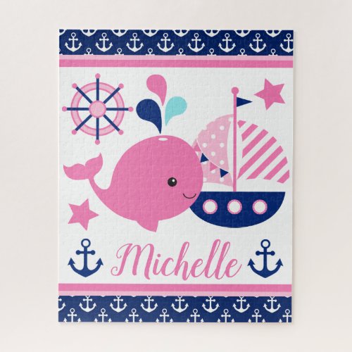Cute Nautical Pink Whale and Anchors Pattern Jigsaw Puzzle