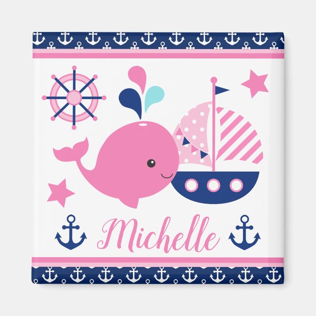 Cute Nautical Pink Whale and Anchors Pattern Magnet (Front)