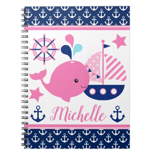 Cute Nautical Pink Whale and Anchors Pattern Notebook