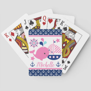 Cute Nautical Pink Whale and Anchors Pattern Poker Cards