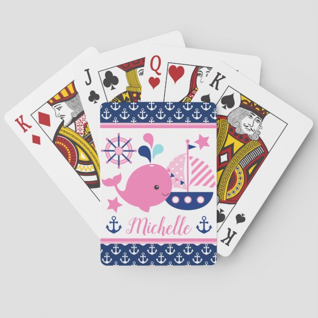 Cute Nautical Pink Whale and Anchors Pattern Poker Cards (Back)