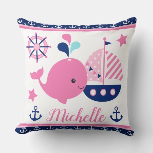 Cute Nautical Pink Whale and Anchors Pattern Throw Pillow