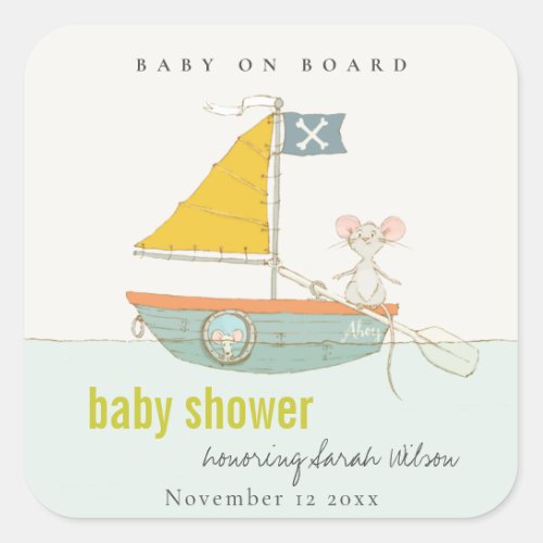 Cute Nautical Pirate Mouse Sailboat Baby Shower Square Sticker