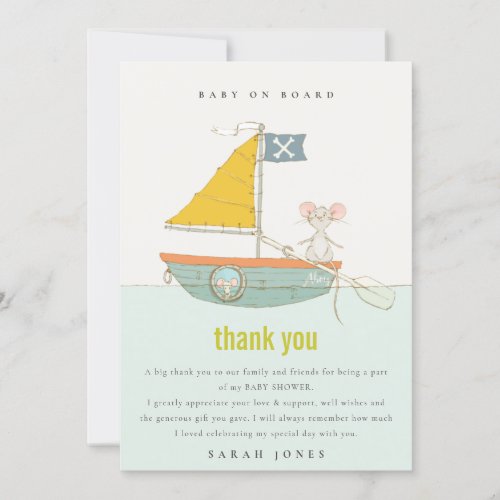 Cute Nautical Pirate Mouse Sailboat Baby Shower Thank You Card
