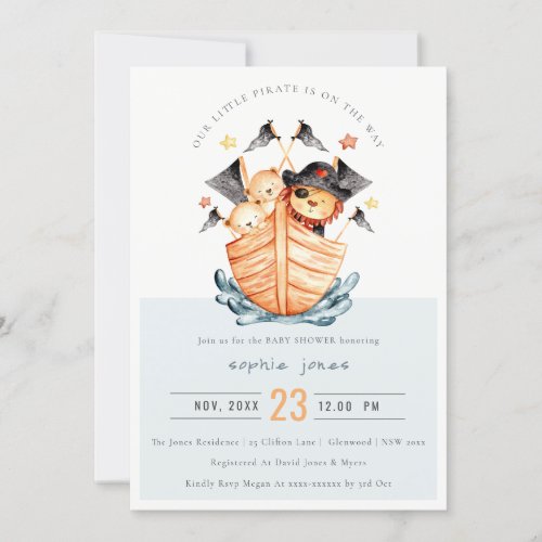 Cute Nautical Pirate Ship Lion Cub Baby Shower Invitation