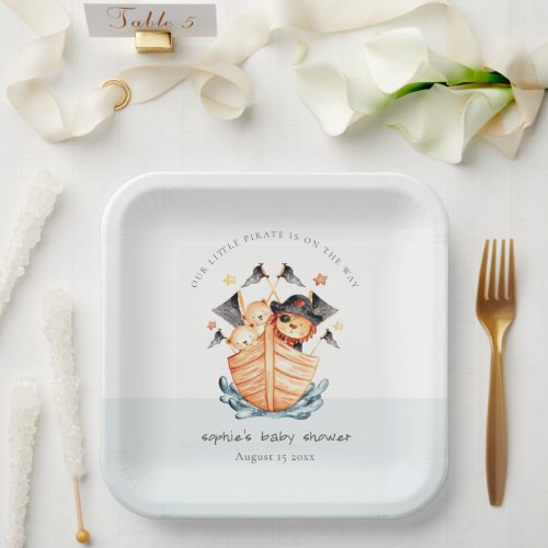 Cute Nautical Pirate Ship Lion Cub Baby Shower Paper Plates