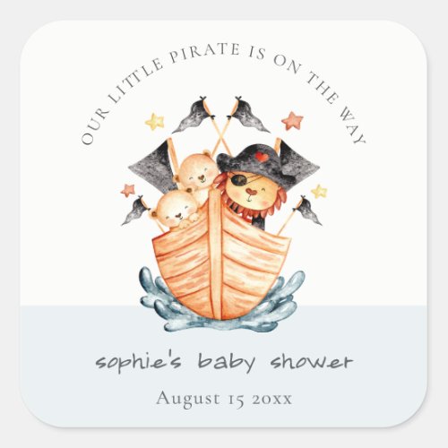 Cute Nautical Pirate Ship Lion Cub Baby Shower Square Sticker