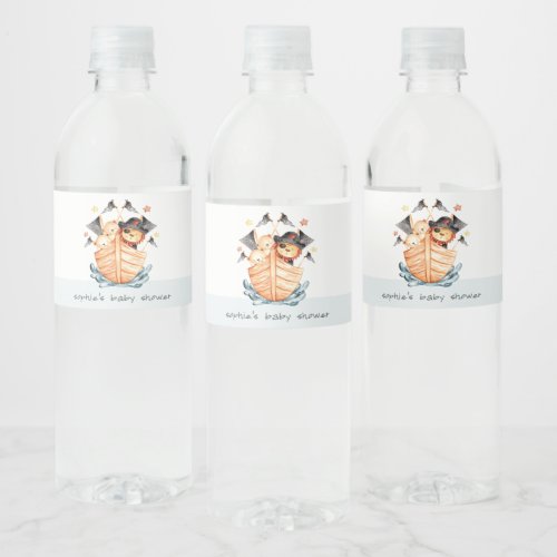 Cute Nautical Pirate Ship Lion Cub Baby Shower Water Bottle Label