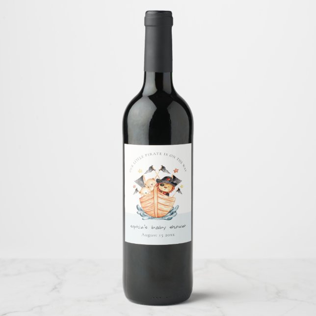 Cute Nautical Pirate Ship Lion Cub Baby Shower Wine Label (Front)
