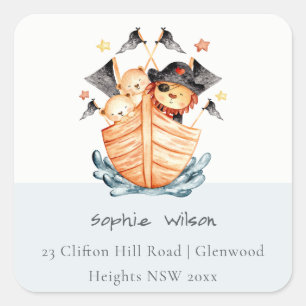 Cute Nautical Pirate Ship Lion Cub Kids Address Square Sticker
