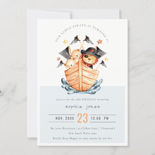Cute Nautical Pirate Ship Lion Cub Kids Birthday Invitation