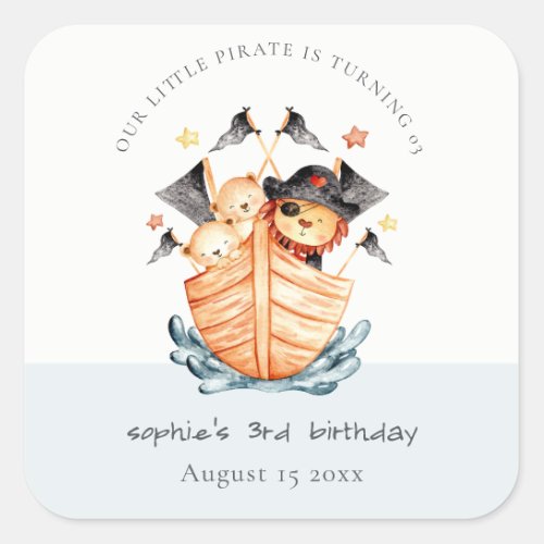 Cute Nautical Pirate Ship Lion Cub Kids Birthday Square Sticker