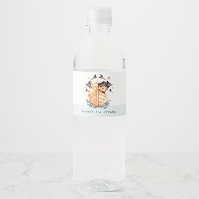 Cute Nautical Pirate Ship Lion Cub Kids Birthday Water Bottle Label (Front)