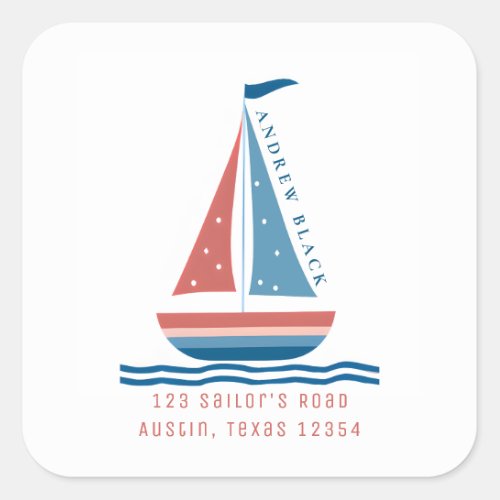 Cute Nautical Red and Blue Sailboat Kid Address Square Sticker