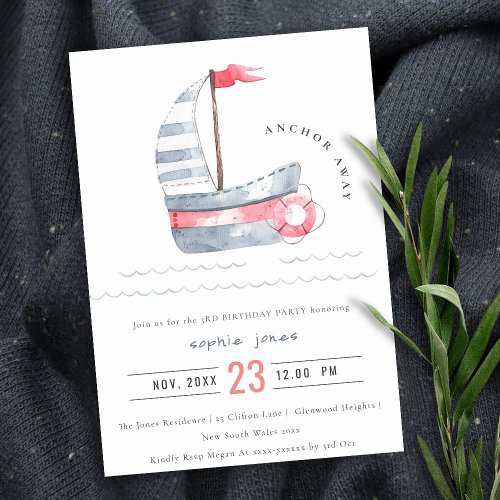 Cute Nautical Red Blue Sailboat Kids Birthday Invitation