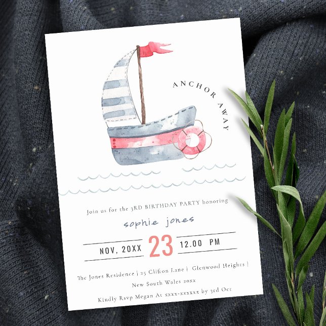 Cute Nautical Red Blue Sailboat Kids Birthday Invitation (Creator Uploaded)