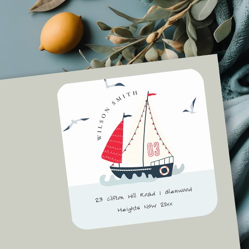 Cute Nautical Red Blue Sailboat Pastel Kid Address Square Sticker