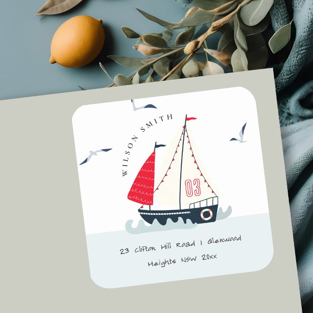 Cute Nautical Red Blue Sailboat Pastel Kid Address Square Sticker (Creator Uploaded)