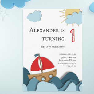 Cute Nautical Sail Boat Boy First Birthday Invitation