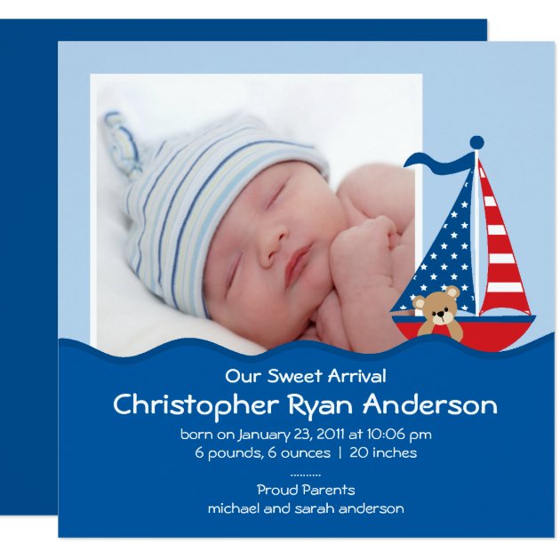 Cute Nautical Sailboat Baby Boy Photo Announcement