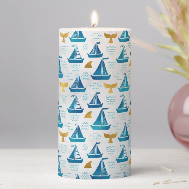 Cute Nautical Sailboat Blue Gold Whale Tail Ocean Pillar Candle (In Situ)