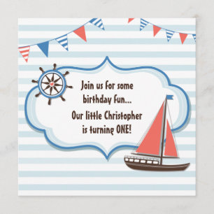 Cute Nautical Sailboat Boys 1st Birthday Invite