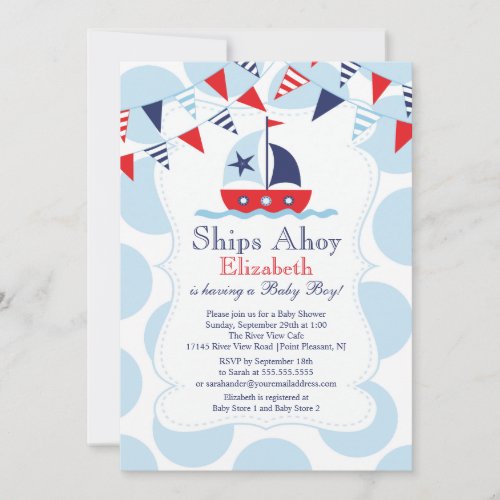 Cute Nautical Sailboat Boys Baby Shower Invitation