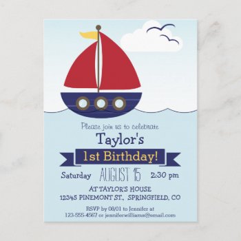 Cute Nautical Sailboat Kid's Birthday Party Invitation Postcard by Card_Stop at Zazzle