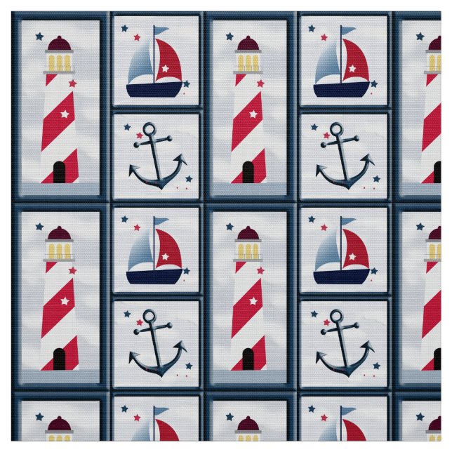 Cute Nautical Sailboat Lighthouse Anchor Fabric (Swatch)