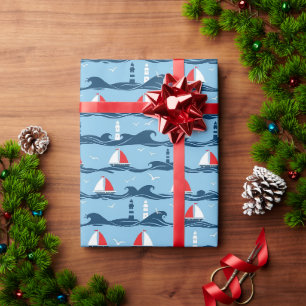 Cute Nautical Sailboat & Lighthouse Nursery Wrapping Paper