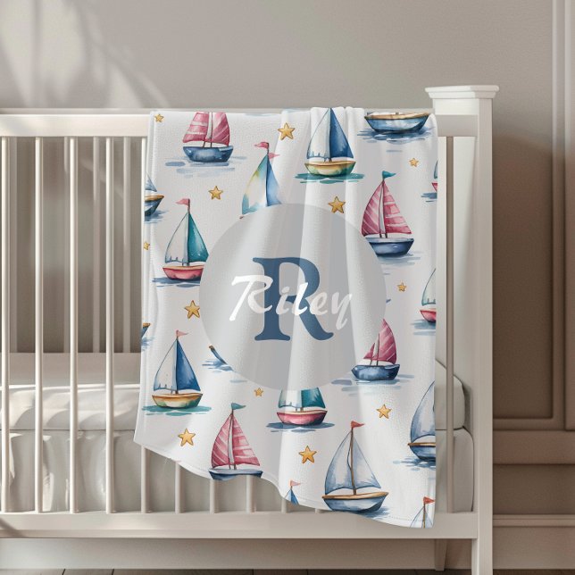 Cute Nautical Sailboat Monogram  Baby Blanket (Creator Uploaded)