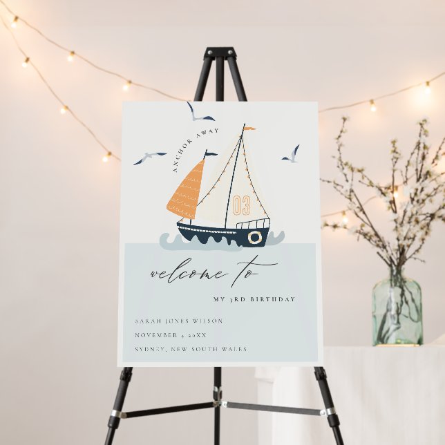 Cute Nautical Sailboat Pastel Kid Birthday Welcome Foam Board (In Situ (Stand))