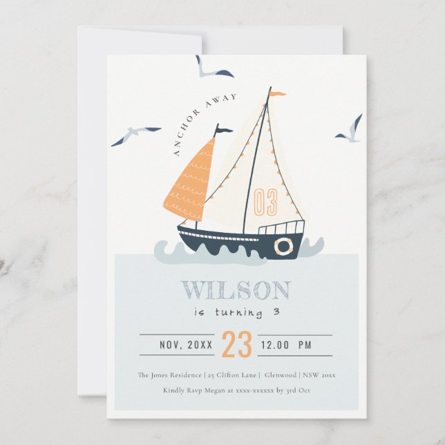 Cute Nautical Sailboat Pastel Kids Birthday Invite (Front)