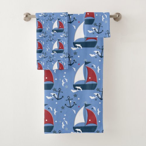Cute Nautical Sailboat Pattern Kids Bath Towel Set