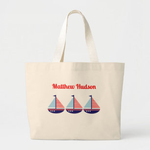 Cute Nautical Sailboat Personalized Kids Large Tote Bag