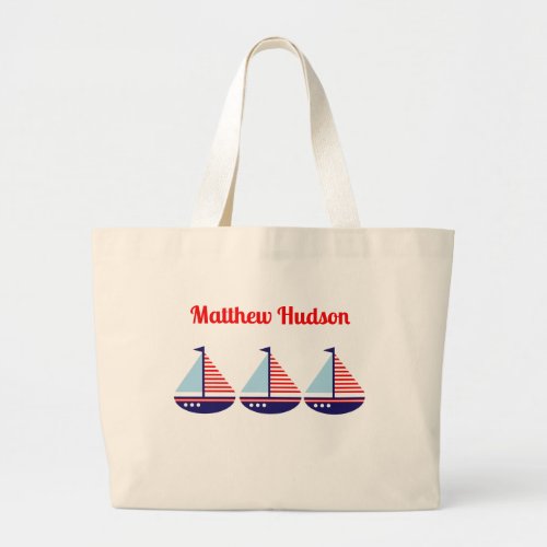 Cute Nautical Sailboat Personalized Kids Large Tote Bag