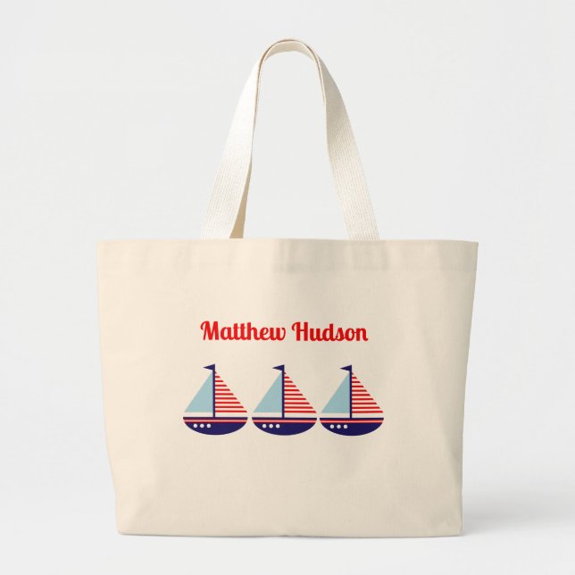 Cute Nautical Sailboat Personalized Kids Large Tote Bag (Front)