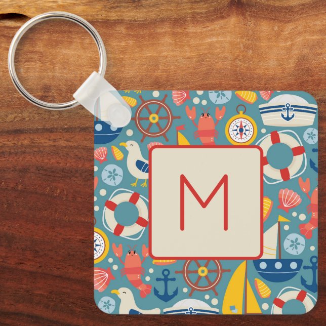 Cute Nautical Sea Life Monogram Keychain (Front)