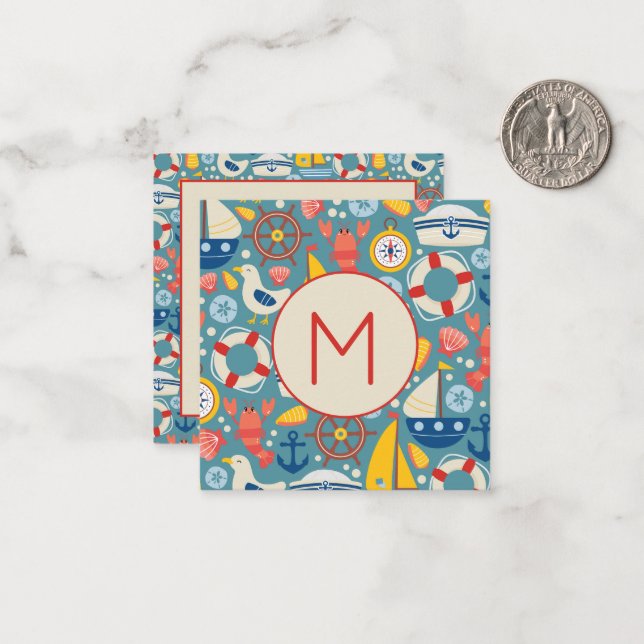 Cute Nautical Sea Life Monogram Note Card (Front/Back In Situ)
