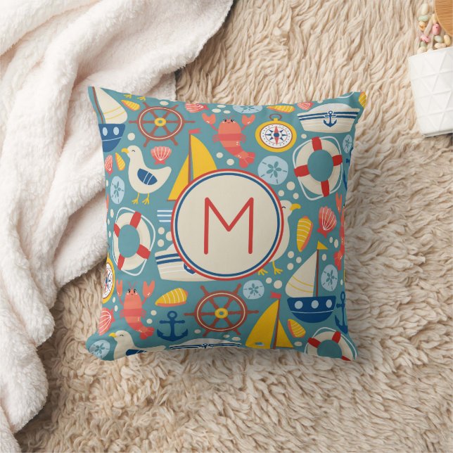 Cute Nautical Sea Life Monogram Throw Pillow (Blanket)