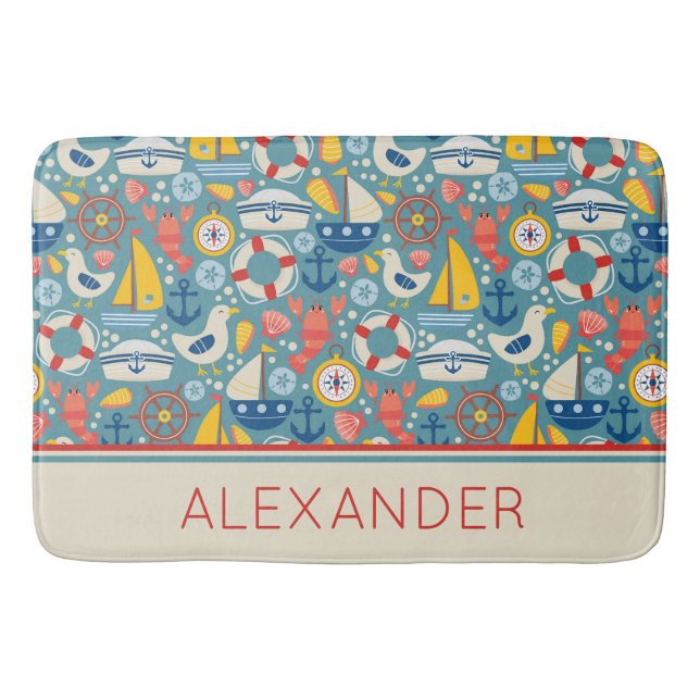 Cute Nautical Sea Life Personalized Bath Mat (Front)